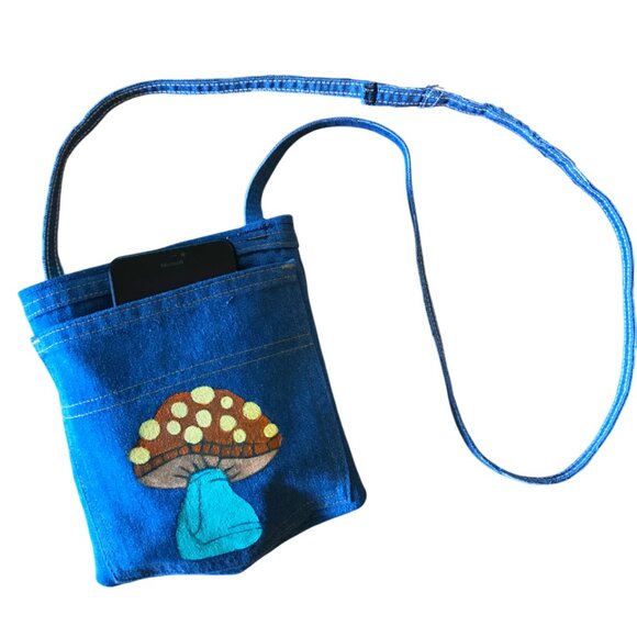 Handmade Crossbody Jean Purse: Painted Mushroom Over Shoulder Cell Phone Bag - Picture 5 of 10